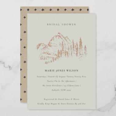 Saga Green Rose Gold Mountain Pine Bridal Shower Foil Invitations