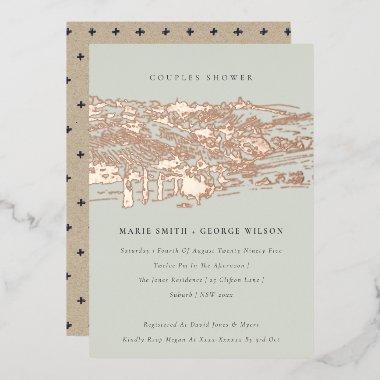 Saga Green Rose Gold Winery Sketch Couples Shower Foil Invitations