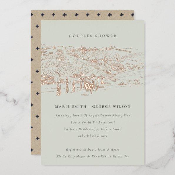 Saga Green Rose Gold Winery Sketch Couples Shower Foil Invitations