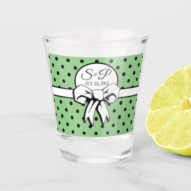 Sage and Black Polka Dots Bow Personalized Wedding Shot Glass