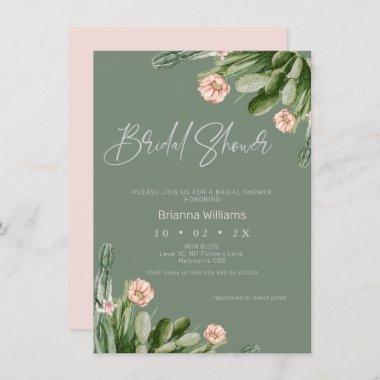 Sage Flowering Cactus Calligraphy Bridal Shower Invitations