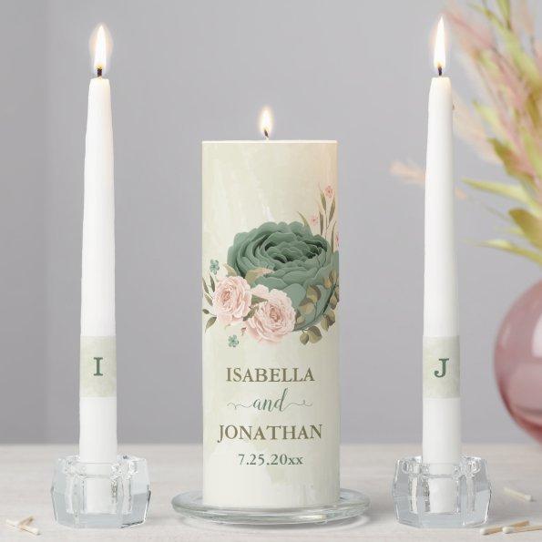 sage green and blush pink flowers wedding unity candle set