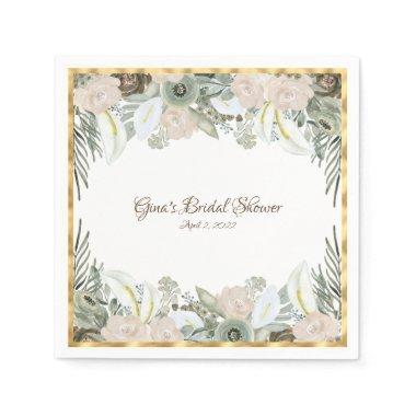 Sage Green and Creamy Vanilla Watercolor Flowers N Napkins