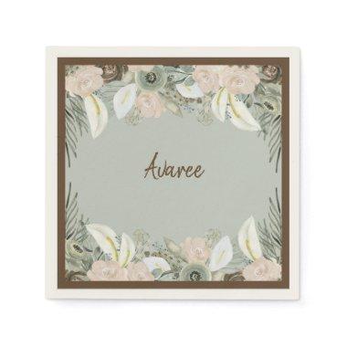 Sage Green and Creamy Vanilla Watercolor Flowers Napkins