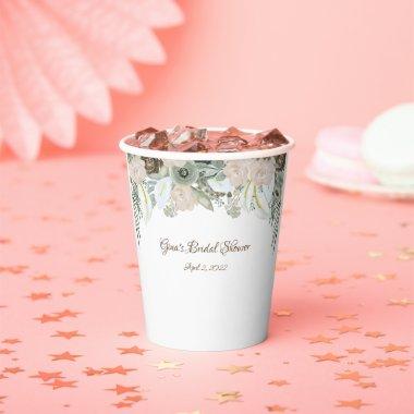 Sage Green and Creamy Vanilla Watercolor Flowers Paper Cups