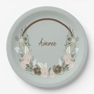 Sage Green and Creamy Vanilla Watercolor Flowers Paper Plates