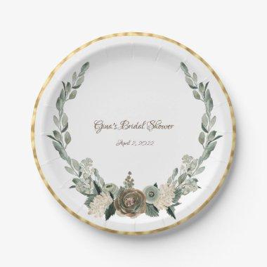 Sage Green and Creamy Vanilla Watercolor Flowers  Paper Plates