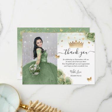 Sage Green and Gold Quinceañera Photo Birthday Thank You Invitations