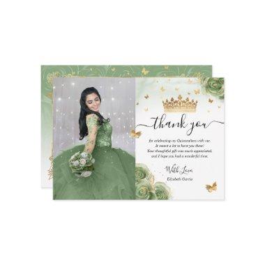 Sage Green and Gold Quinceañera Photo Birthday Thank You