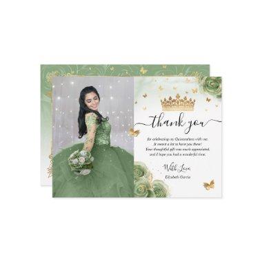 Sage Green and Gold Quinceañera Photo Birthday Thank You Invitations