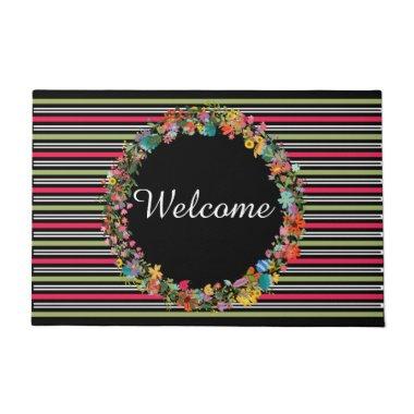 Sage Green and Pink Floral Wreath Welcome Mat