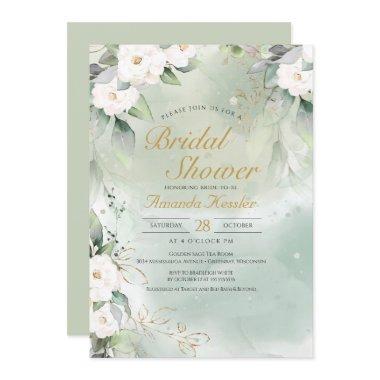 Sage Green and White Floral Elegant Bridal Shower Invitations