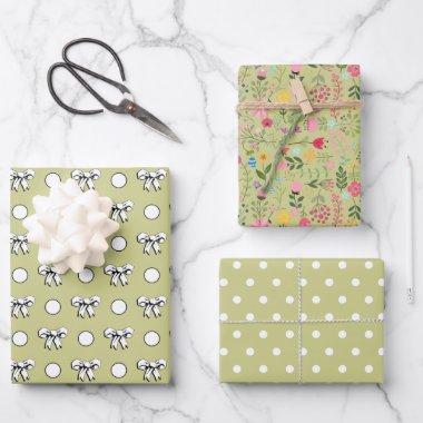 Sage Green and White Polka Dots Wildflowers Wrapping Paper Sheets