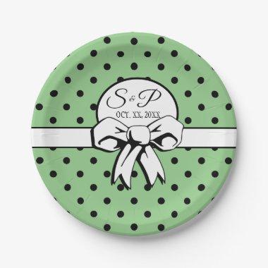 Sage Green Black Dots White Bow Personalized Paper Plates