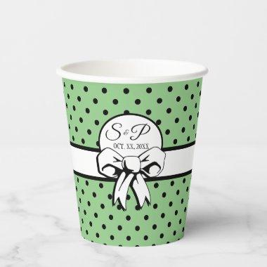 Sage Green Black Polka Dot White Bow Personalized Paper Cups