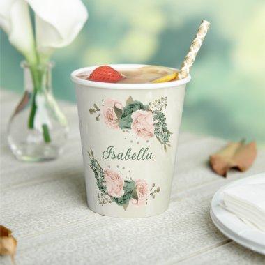 sage green blush floral paper cups