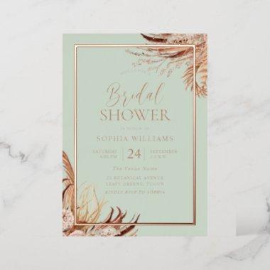 Sage Green Boho Chic Bridal Shower Real Rose Gold Foil Invitations