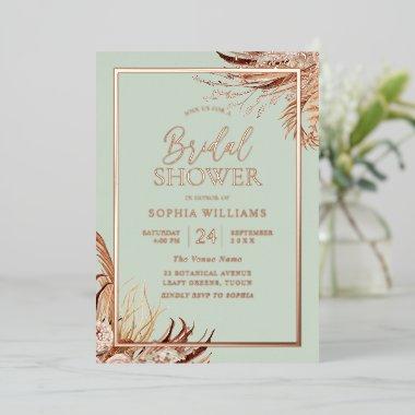 Sage Green Boho Chic Bridal Shower Real Rose Gold Foil Invitations