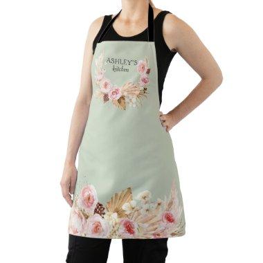 Sage green Boho Floral Pampas Grass personalized Apron