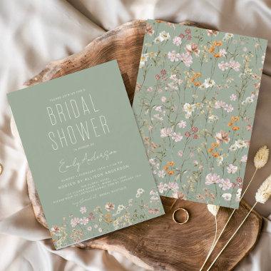 Sage Green Boho Wildflower Bridal Shower Elegant Invitations