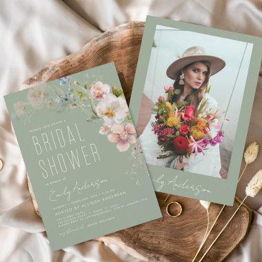 Sage Green Boho Wildflower Bridal Shower Photo Invitations