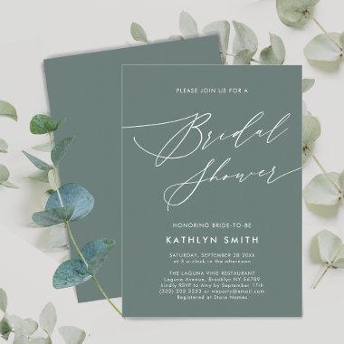 Sage Green Botanical Elegant Script Bridal Shower Invitations