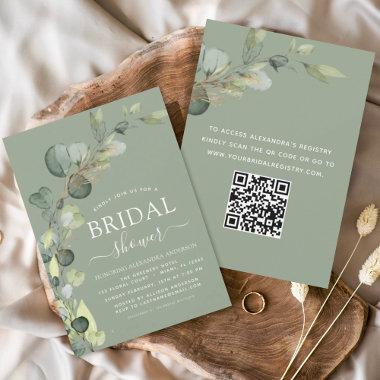 Sage Green Bridal Shower QR Code Eucalyptus Invitations