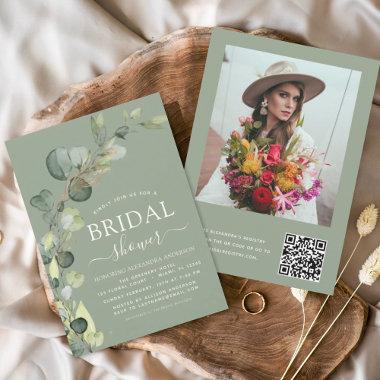 Sage Green Bridal Shower QR Code Photo Eucalyptus Invitations