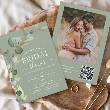 Sage Green Bridal Shower QR Code Photo Eucalyptus Invitations