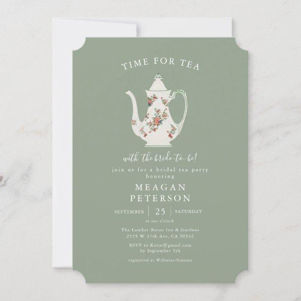 Sage Green Bridal Shower Tea Party Invitations