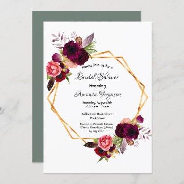 Sage green burgundy floral geometric bridal shower Invitations