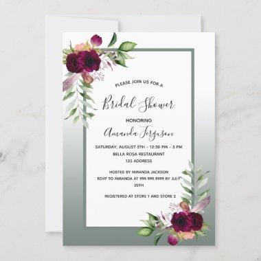 Sage green burgundy florals Bridal Shower Invitations