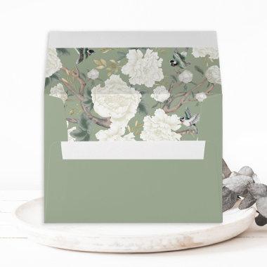 Sage Green Chinoiserie Peony Birds Porcelain Envelope