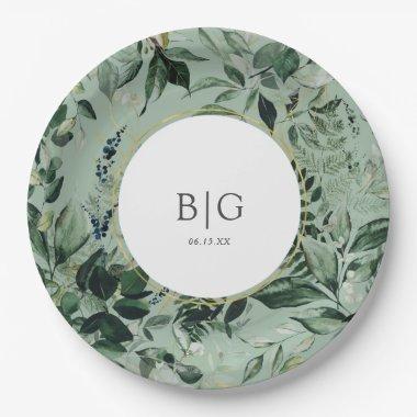 Sage Green elegant watercolor leaves wedding Paper Plates