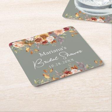 Sage Green Fall Floral  Square Paper Coaster