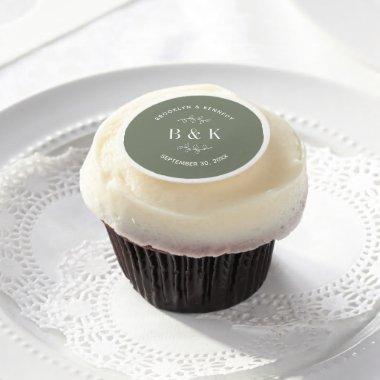 Sage Green Floral Botanical Wedding Couple Name Edible Frosting Rounds