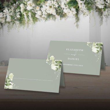 Sage Green Floral Greenery Wedding Folded Place
