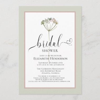 Sage Green Floral Heart Script Bridal Shower Invitations