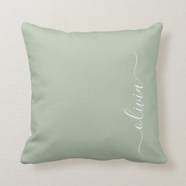 Sage Green Girly Script Monogram Name Modern Throw Pillow