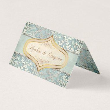 Sage Green Glimmer Damask Wedding Escort Card