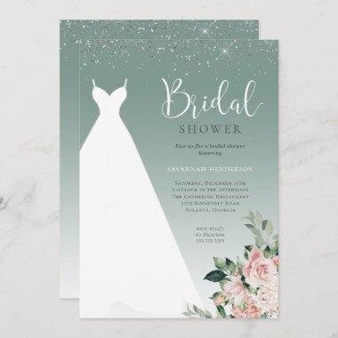 Sage Green Glitter Wedding Dress Bridal Shower Invitations