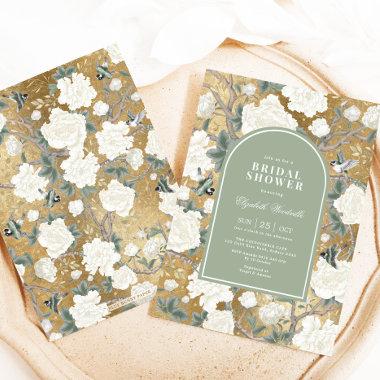 Sage Green Gold Chinoiserie Floral Bridal Shower Invitations