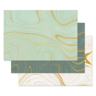 Sage Green Gold Marble Agate Glitter Wrapping Paper Sheets