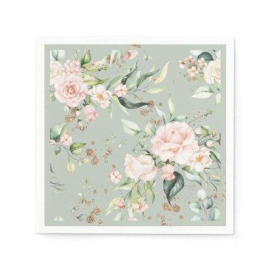 Sage Green Gold Watercolor Floral Botanical Party Napkins