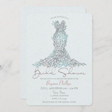 Sage Green Leaves Glam Dress Modern Bridal Shower Invitations