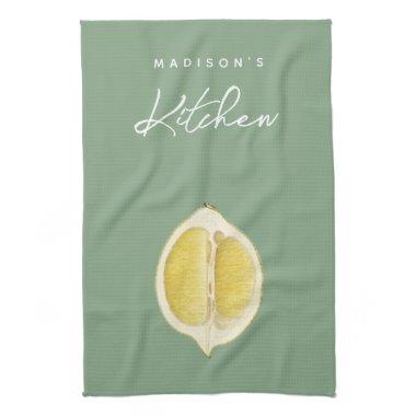 Sage Green & Lemon Script Cooking Custom Name Kitchen Towel