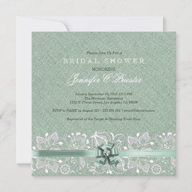 Sage-Green Linen & White Lace Bridal Shower Invitations