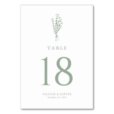 Sage Green Minimalist Floral Bouquet Wedding Table Number