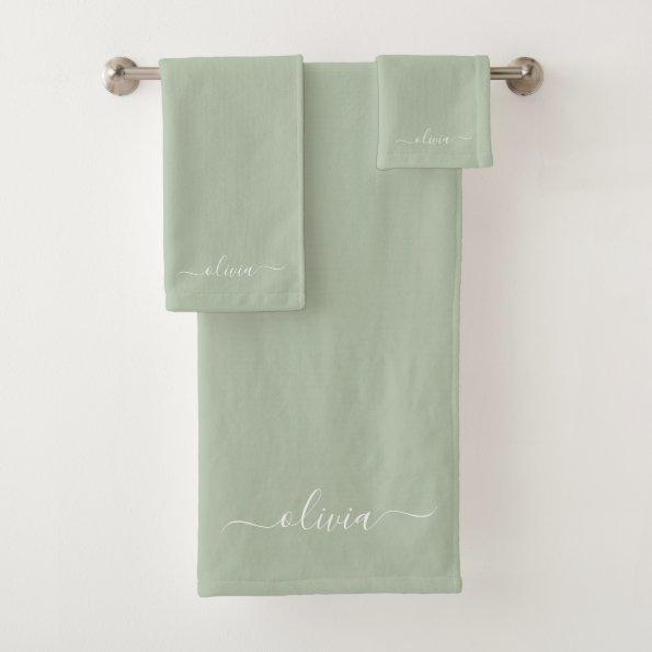 Sage Green Modern Script Girly Monogram Name Bath Towel Set