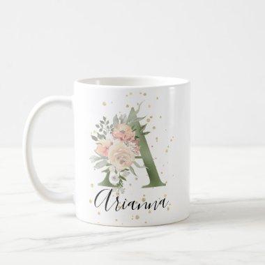 Sage Green Monogram Letter A Peach Beige Floral Coffee Mug